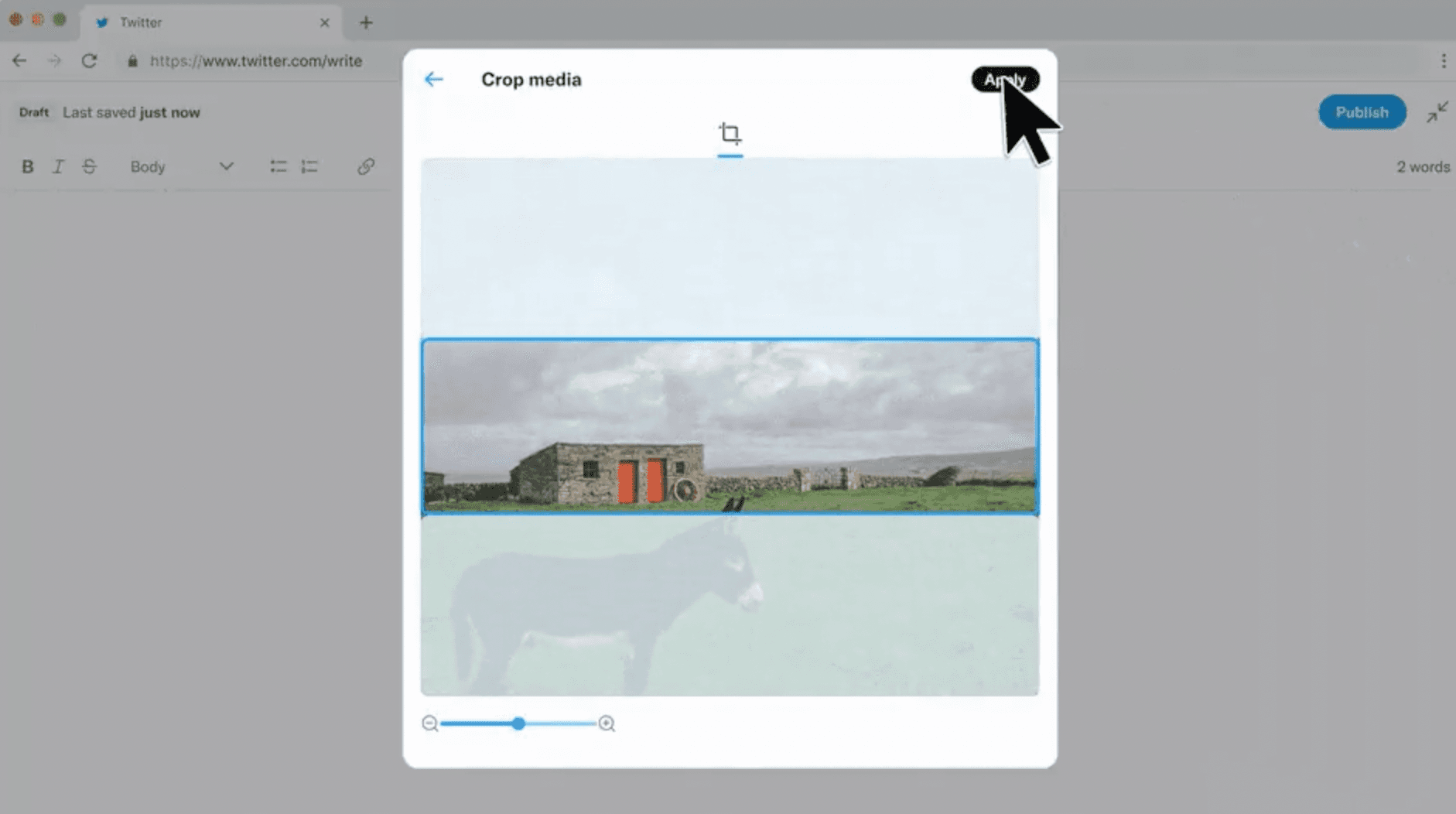 Screenshot of image editing modal, showing a house and donkey image being cropped