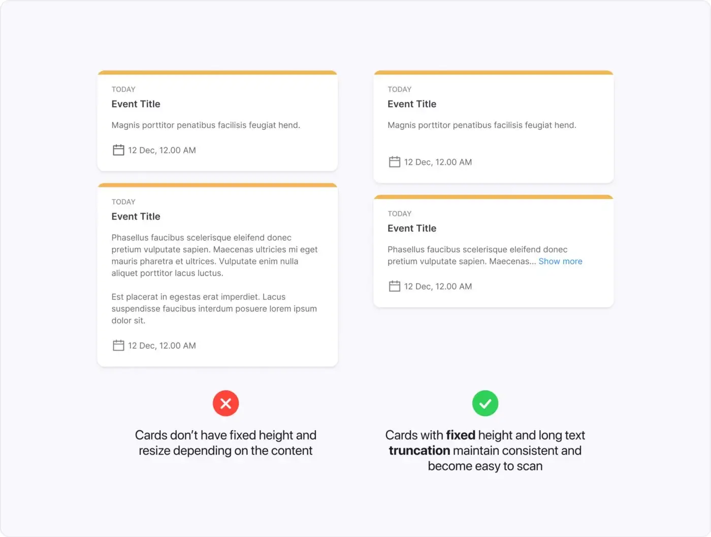 On the left, a card without fixed height and resize depending on the content. On the right, a card with fixed height and long text truncation.