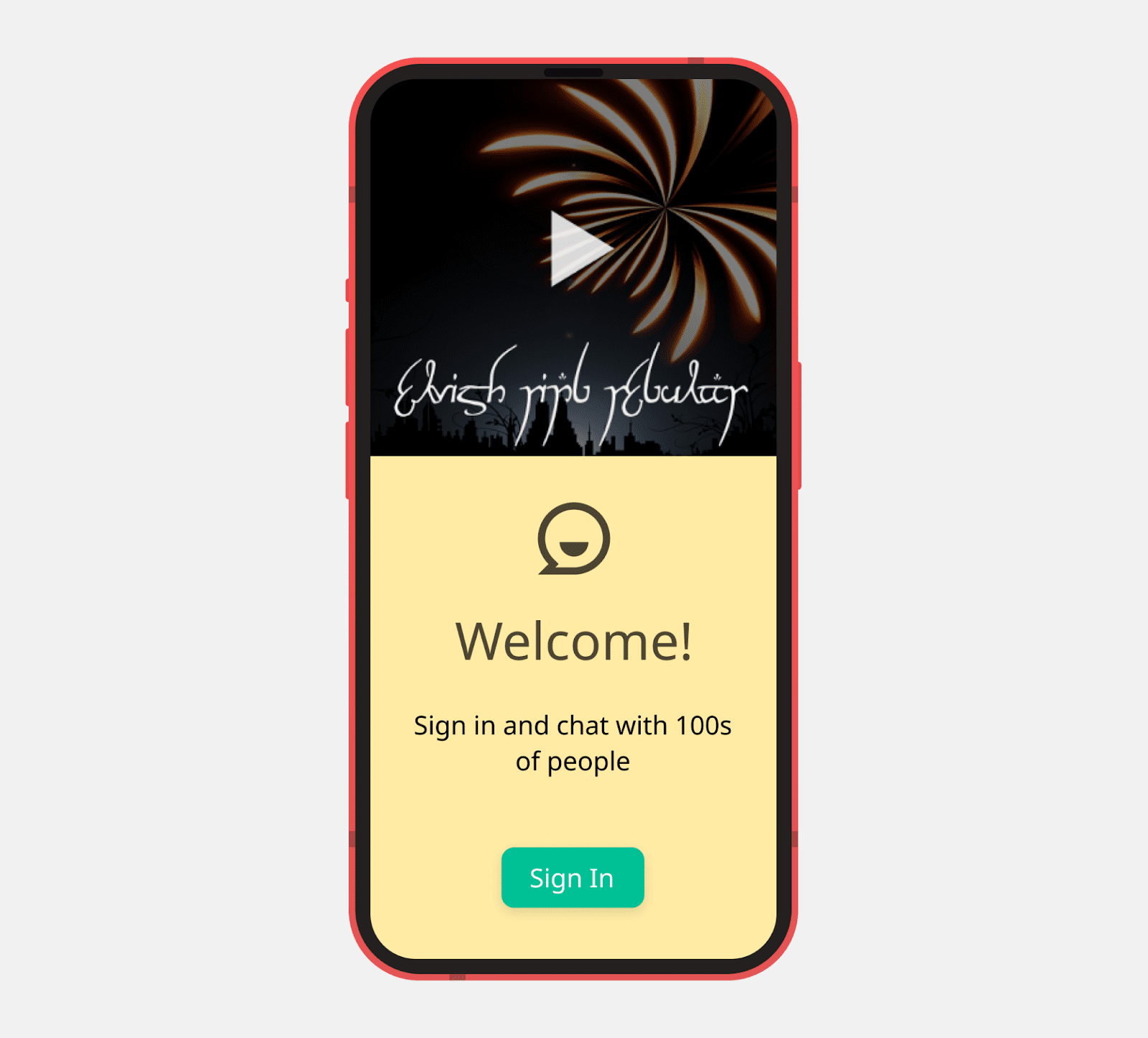 A phone mockup displaying a welcome screen with text: Welcome. sign in and chat with 100s of people. And a video taking up the top half of the mockup, with Arabic subtitles